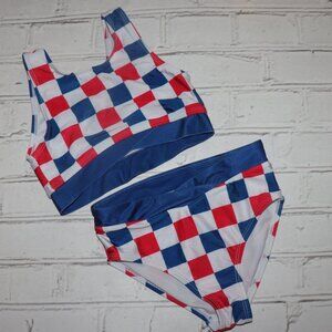 👧💦 Wave Zone Girls Swimsuit · Red White Blue Check · Size S (6/6X)